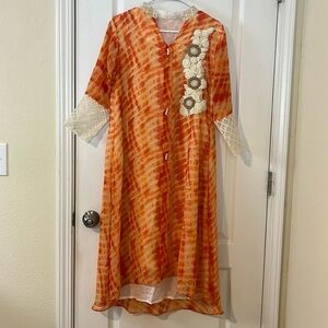 Handmade 70S Style Maxi Dress With Mesh Cuffs And Collar